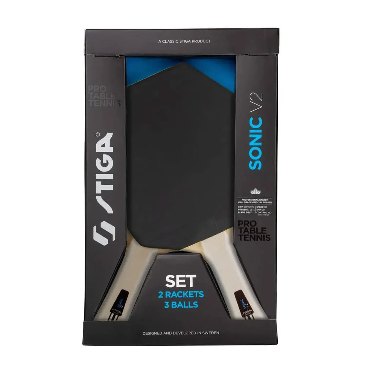 Stiga Sonic V2 Table Tennis Set - 2 Cybershape Bats & 3 Balls