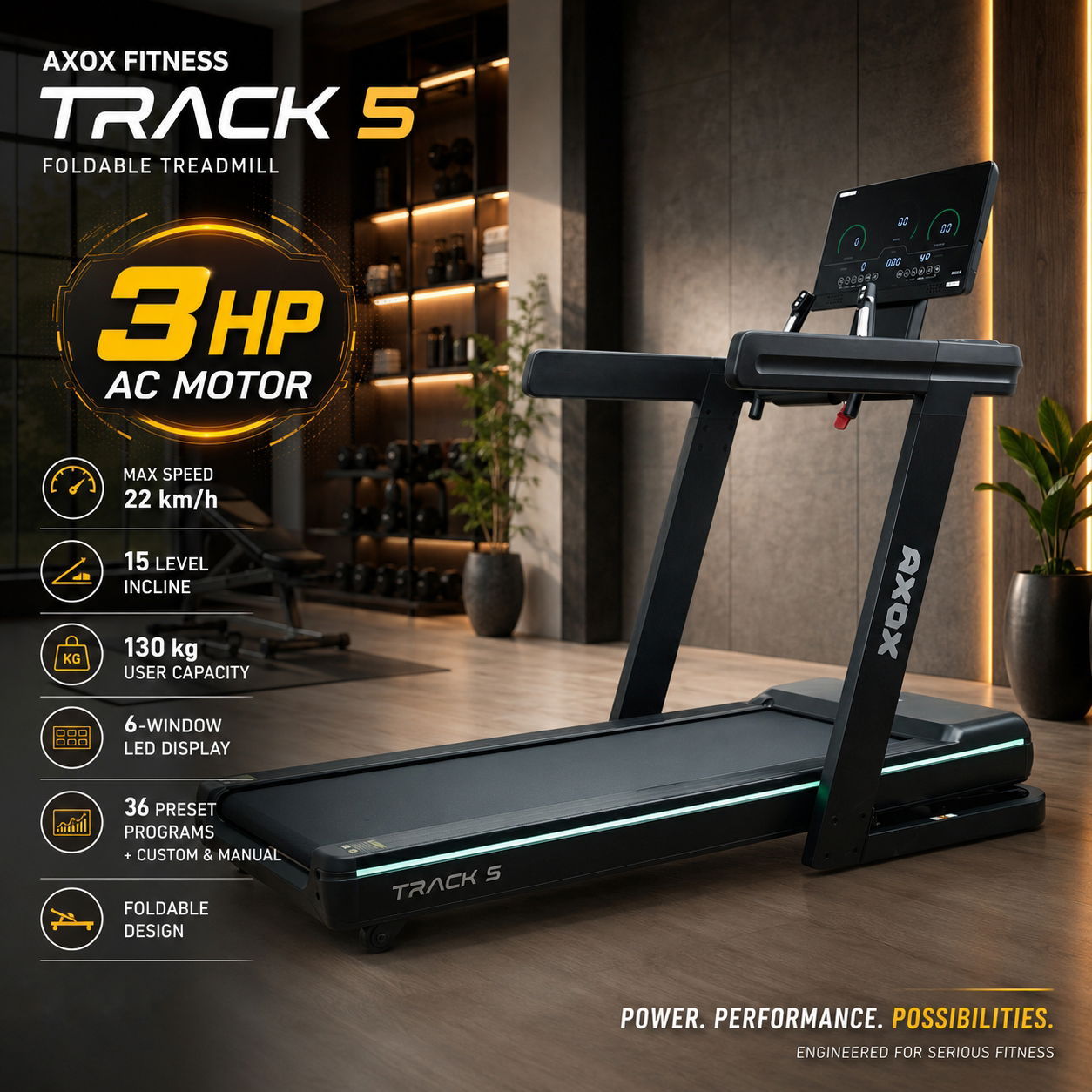 اكسوكس جهاز مشي قابل للطي من نوع Track 5 مزود بمحرك تيار متردد بقوة 3 حصان