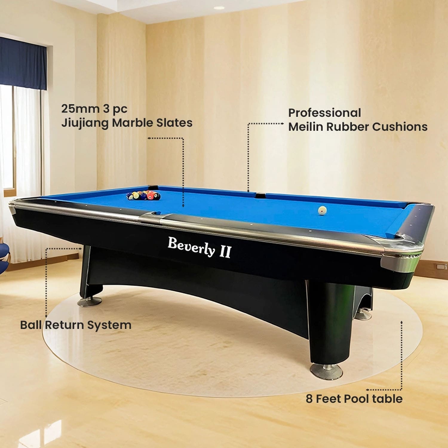 بيفرلي  طاولة بلياردو من الرخام بطول 8 أقدام من بيفرلي II مع نظام إرجاع الكرة   - Black