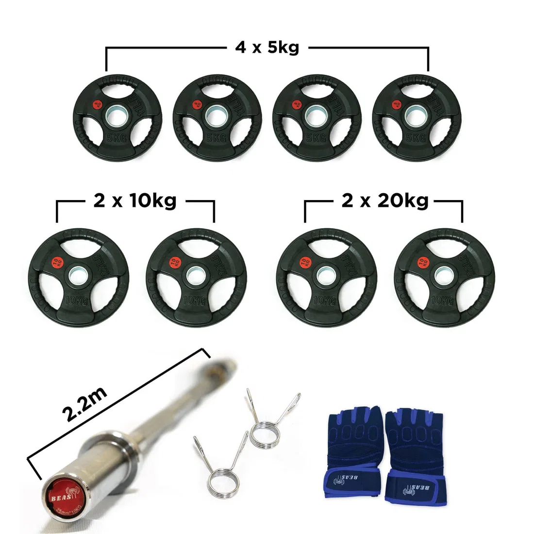Beast Fitness Olympic Rubber Tri Grip Disc with Barbell Set - 100 Kg