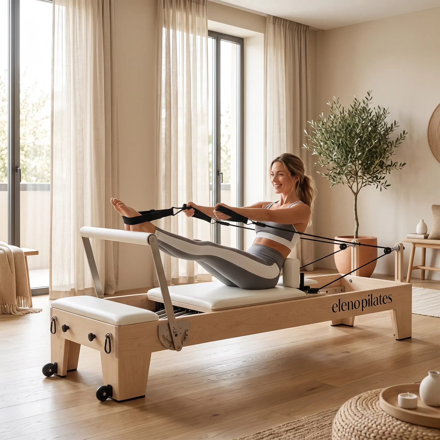 Eleno M4 Pro Maple Reformer in a home Pilates setting