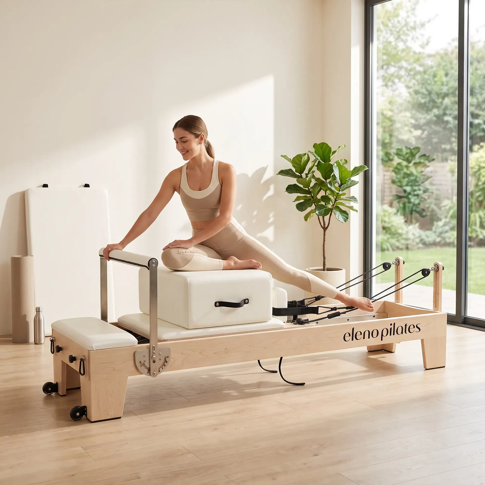 Eleno Pilates M4 Pro Maple Wood Reformer Bundle - Beige