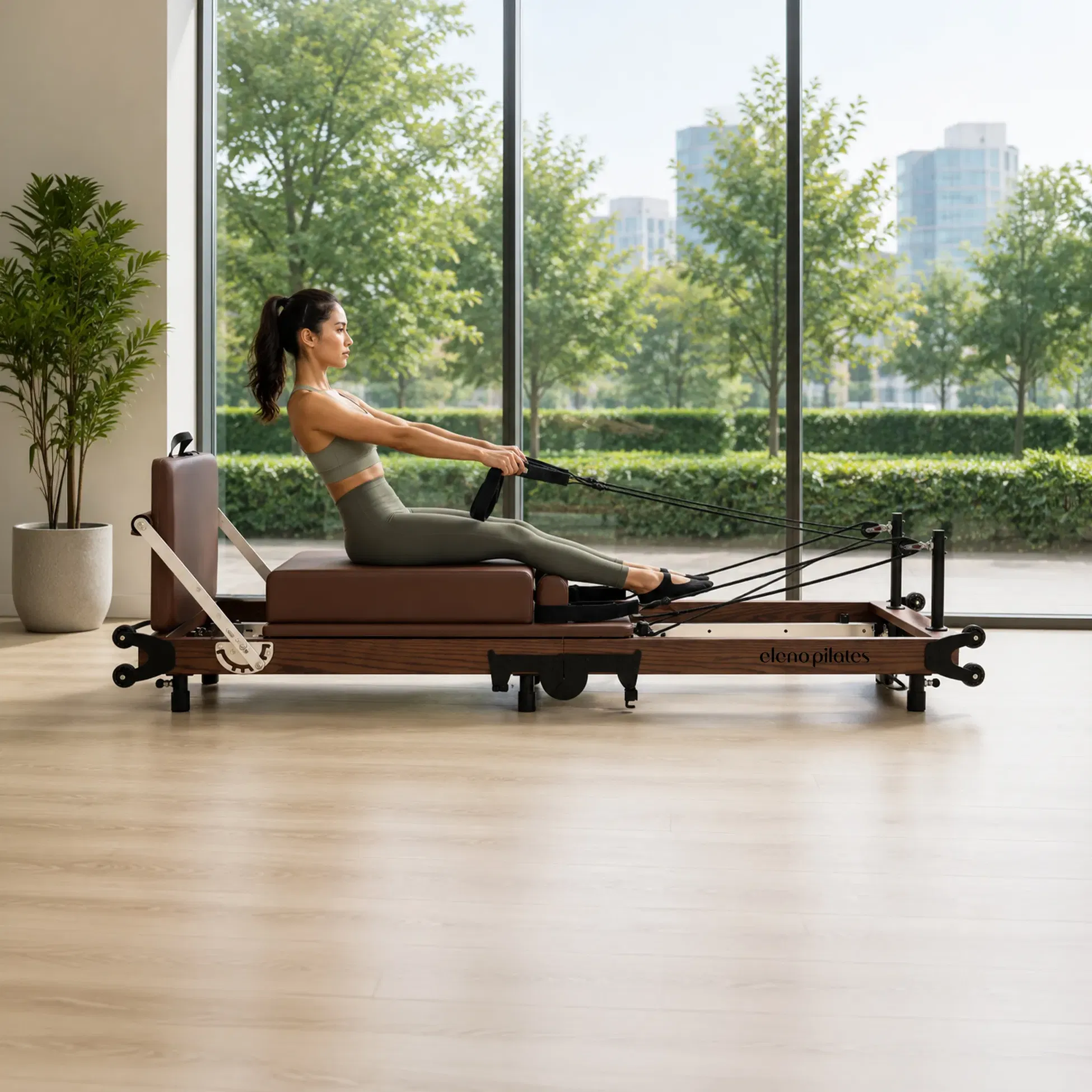 Eleno Pilates Home Fit Red Oak Foldable Reformer Bundle - Brown