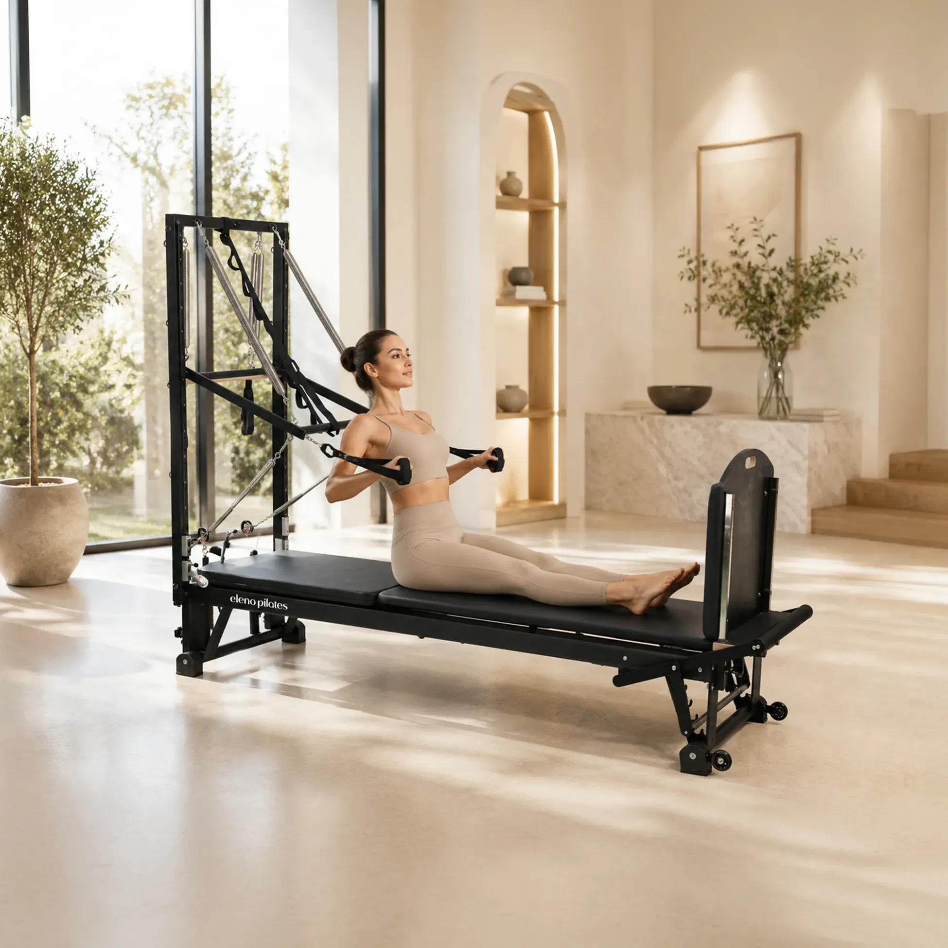 Eleno Pilates E8 Max Plus Aluminum Alloy Pilates Reformer With Half Tower Bundle (Black) - Black