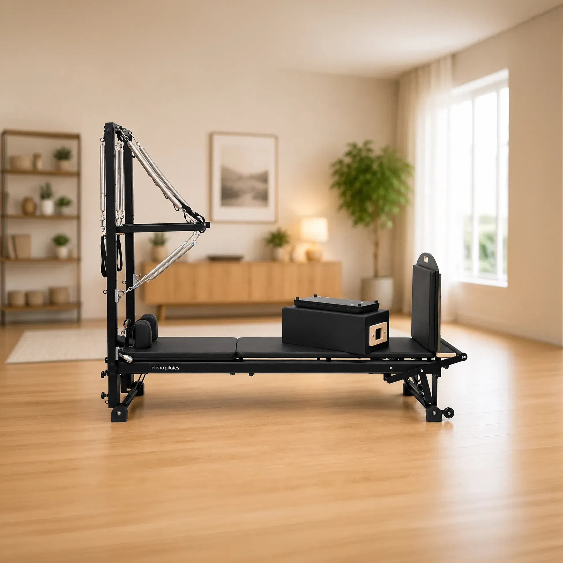 Eleno Pilates E8 Max Plus Aluminum Alloy Pilates Reformer With Half Tower Bundle (Black) - Black