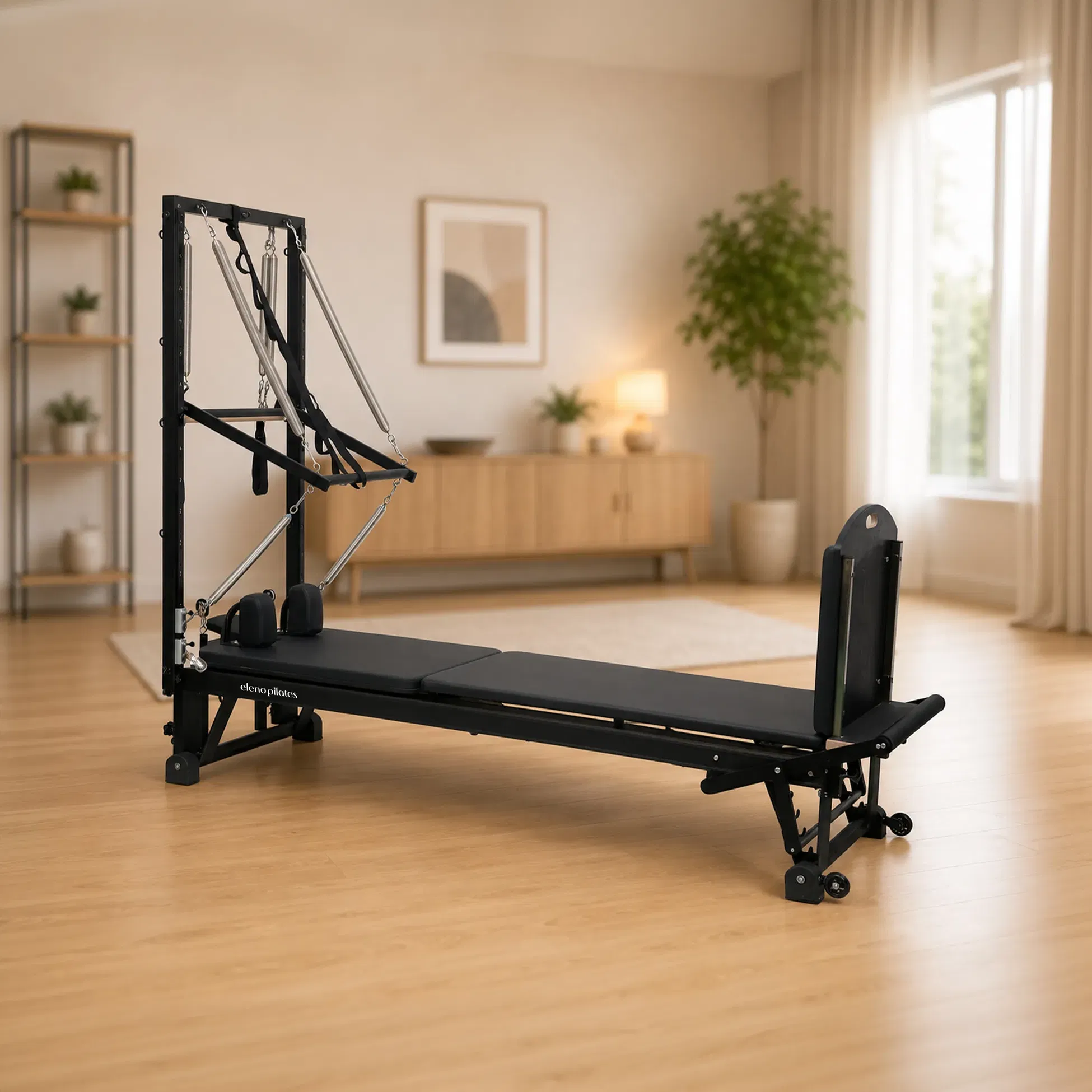 Eleno Pilates E8 Max Plus Aluminum Alloy Pilates Reformer With Half Tower Bundle (Black) - Black