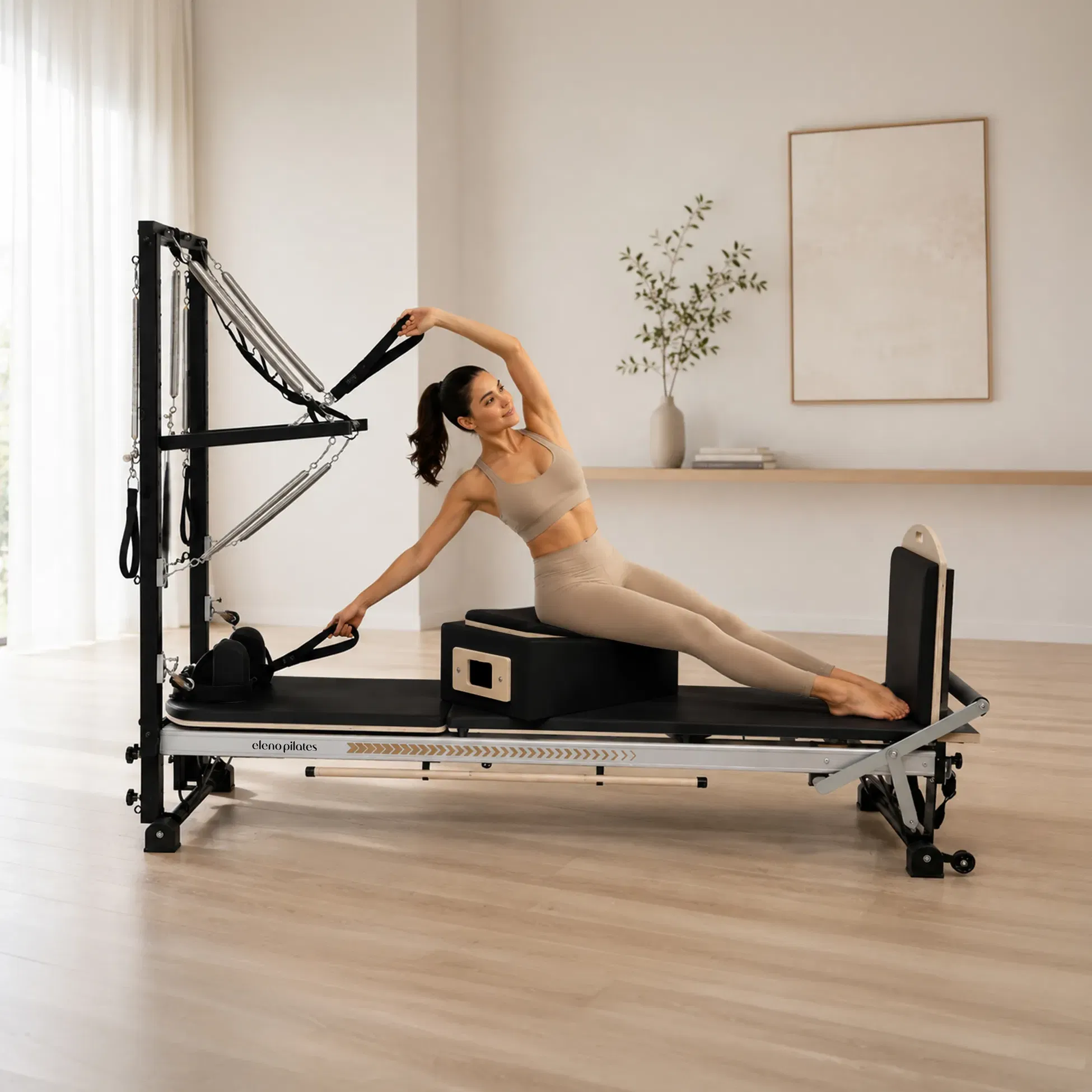 Eleno Pilates E8 Max Plus Aluminum Alloy Pilates Reformer With Half Tower Bundle (Black) - Silver