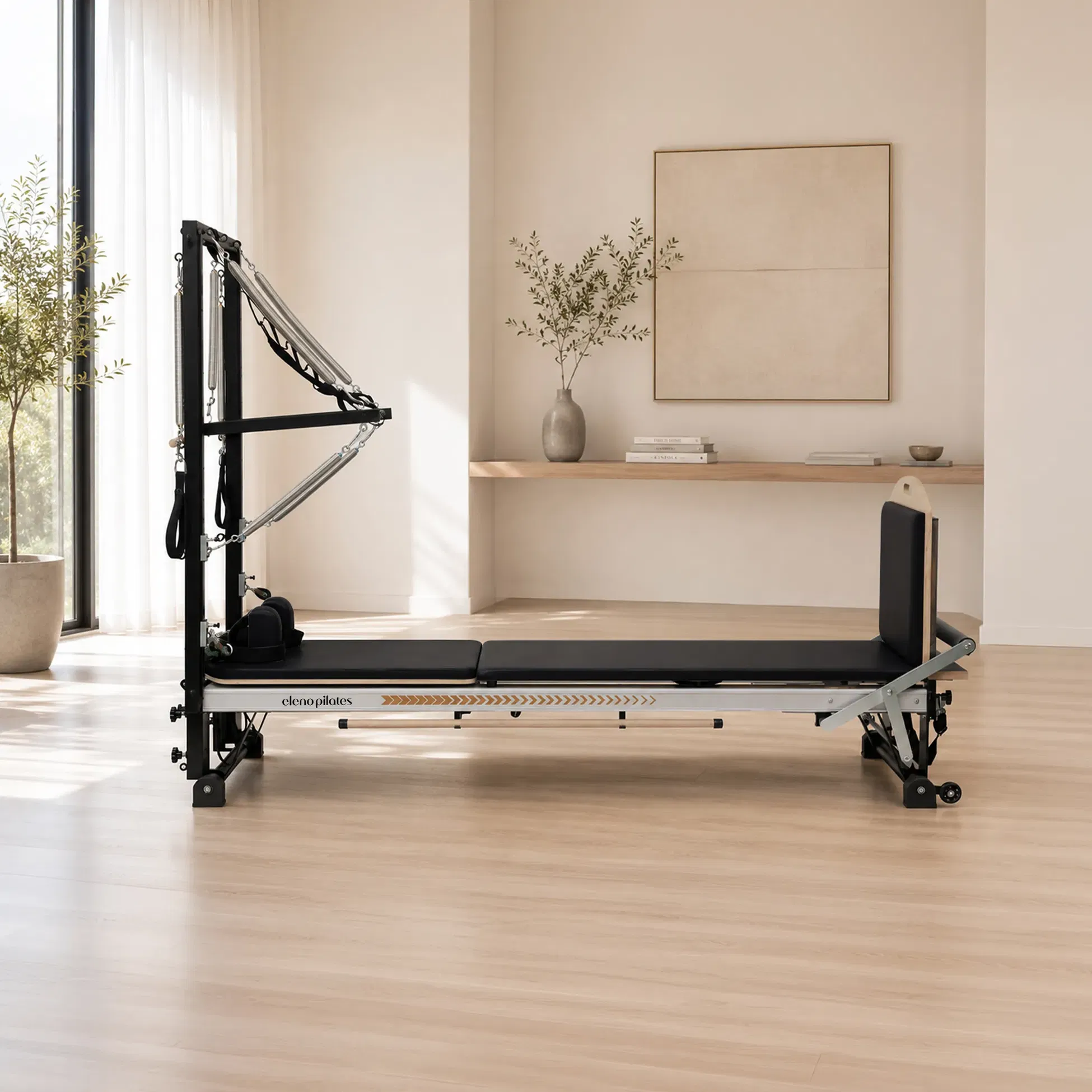 Eleno Pilates E8 Max Plus Aluminum Alloy Pilates Reformer With Half Tower Bundle (Black) - Silver