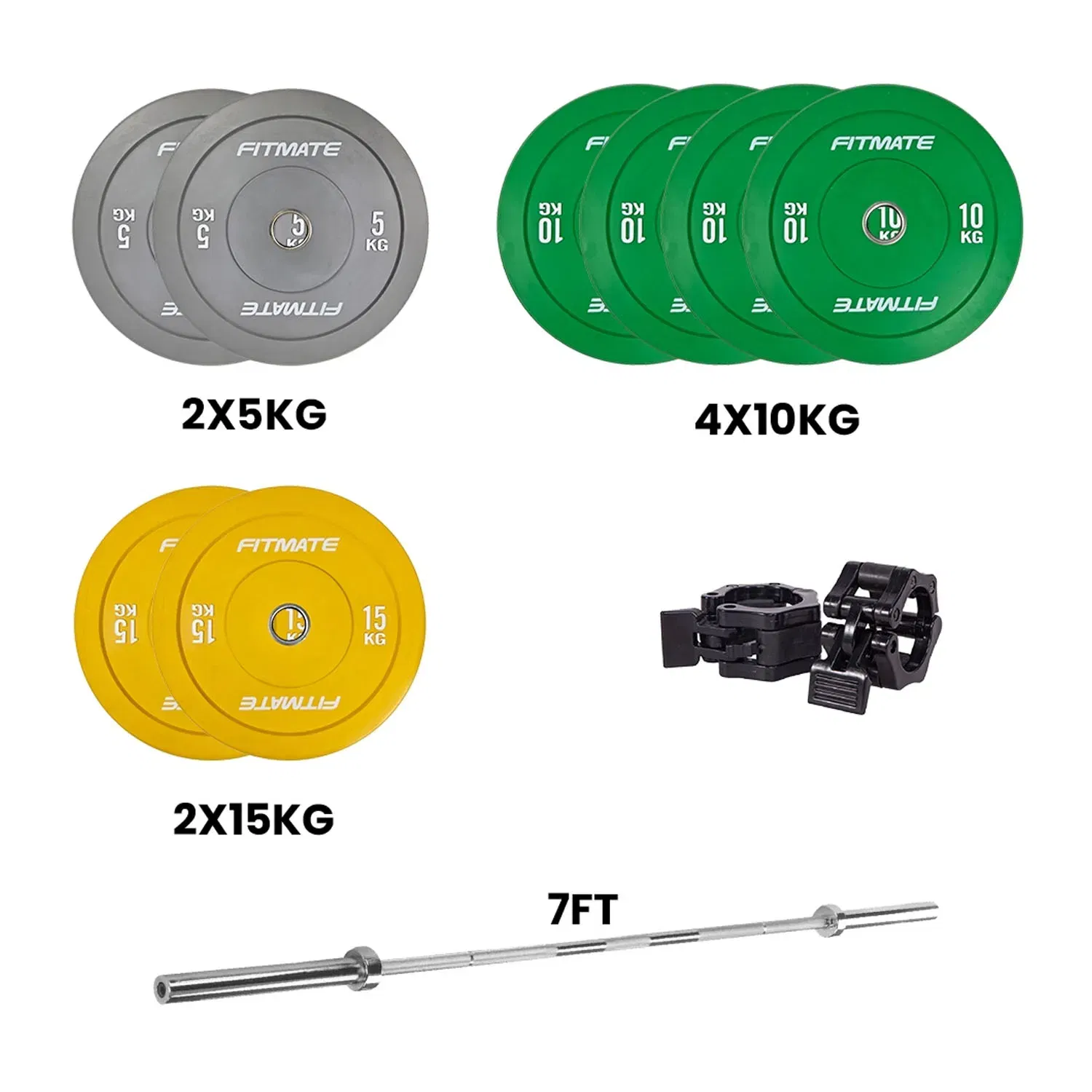 Fitmate Color Bumper Plate Set With 7ft Olympic Bar - 100  Kg