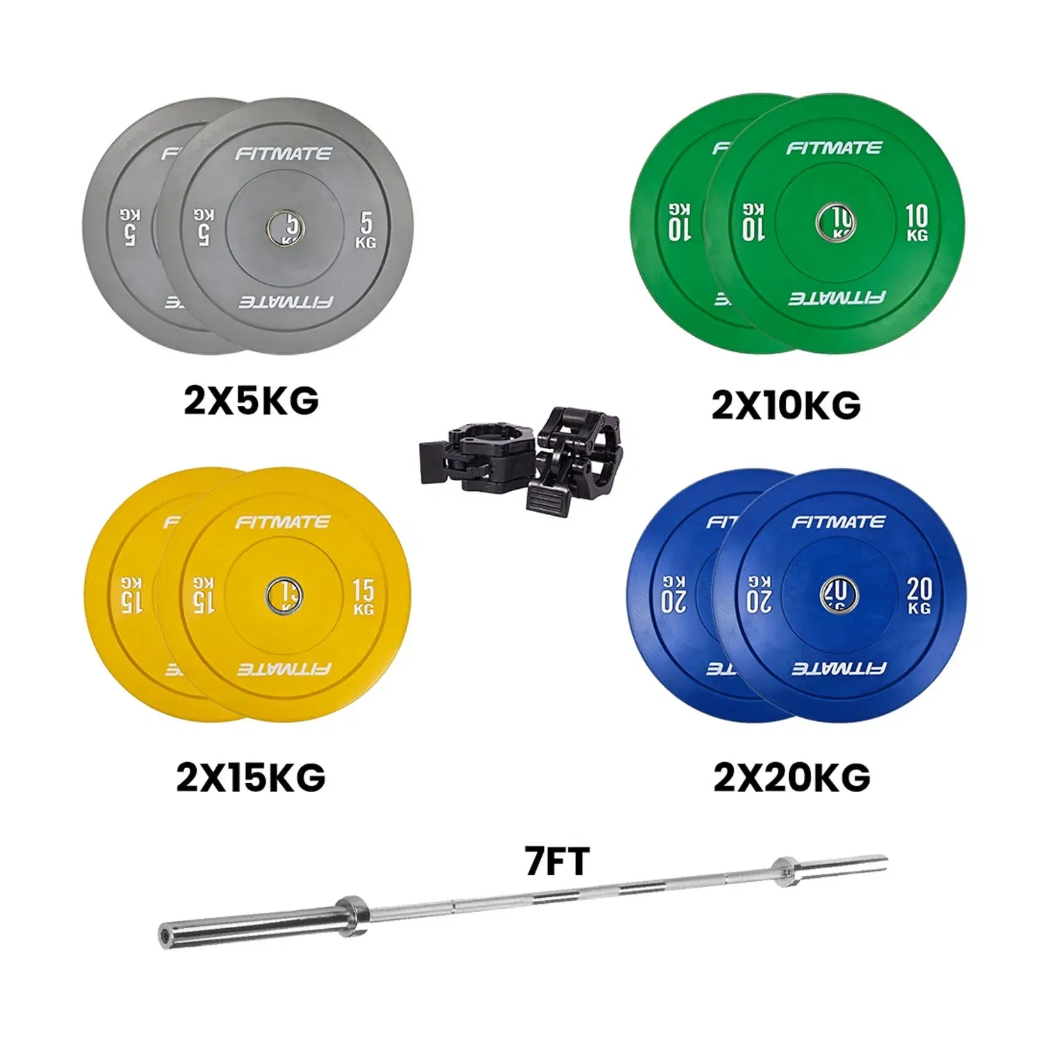 Fitmate Color Bumper Plate Set With 7ft Olympic Bar - 120  Kg