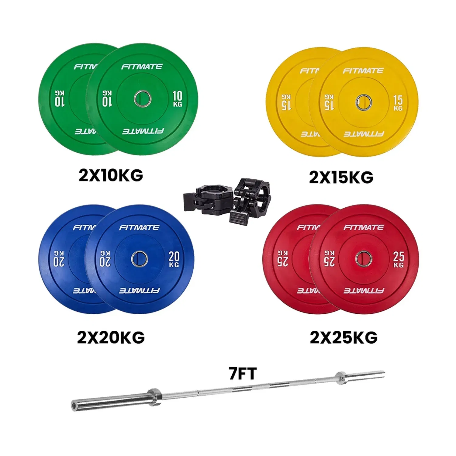 Fitmate Color Bumper Plate Set With 7ft Olympic Bar - 160  Kg