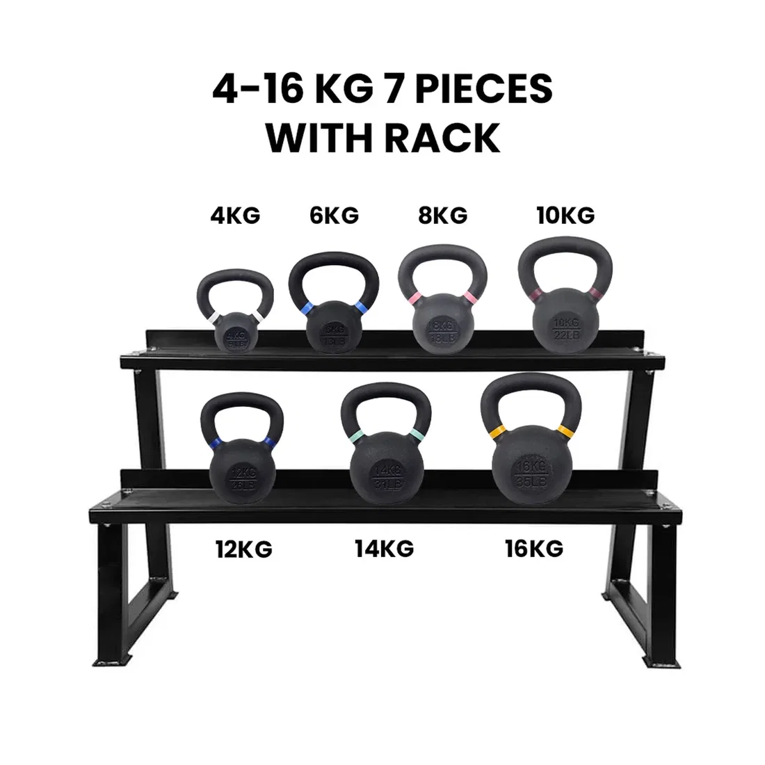 Fitmate Cast Iron Kettlebell Set With Rack - 4-16  Kg