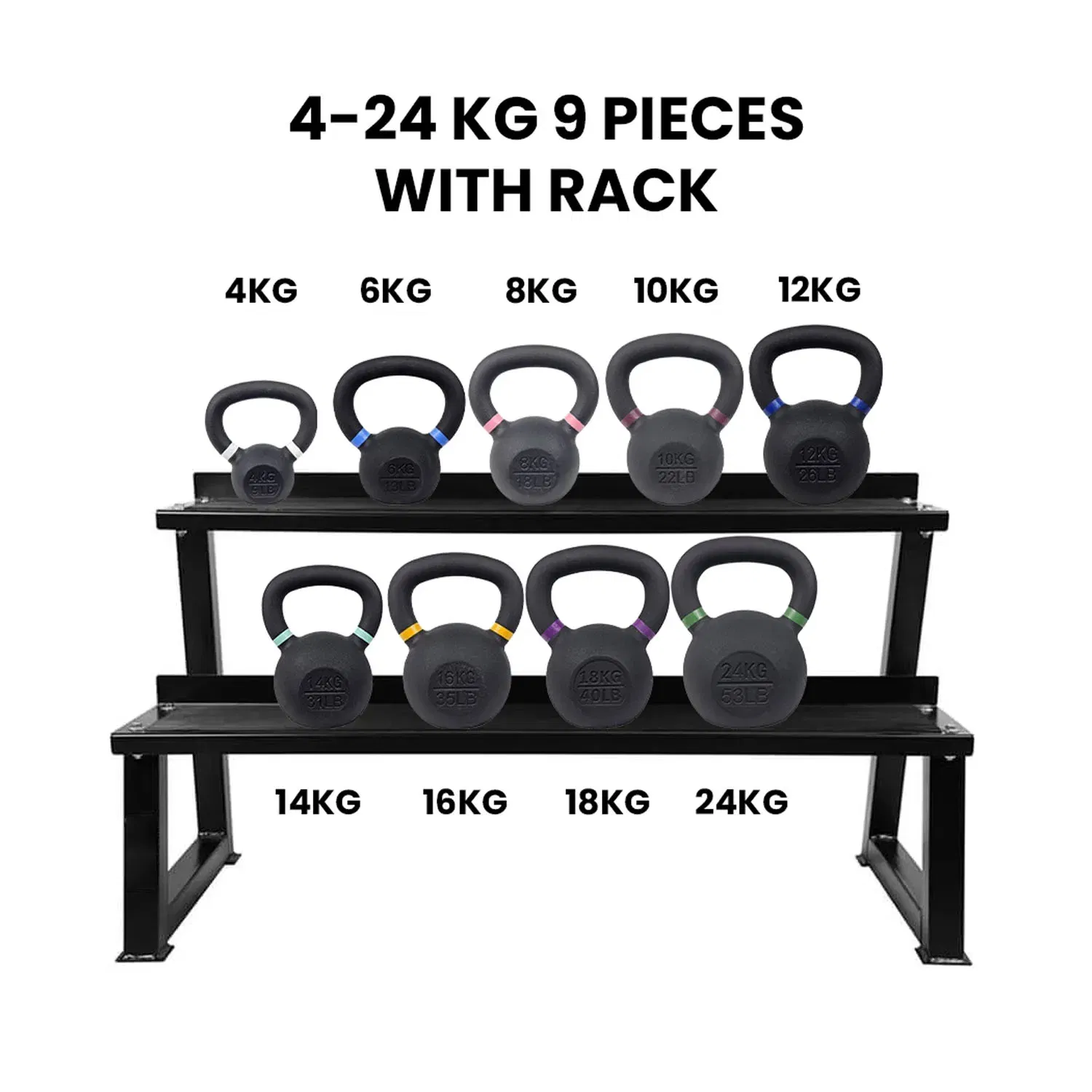 Fitmate Cast Iron Kettlebell Set With Rack - 4-24  Kg