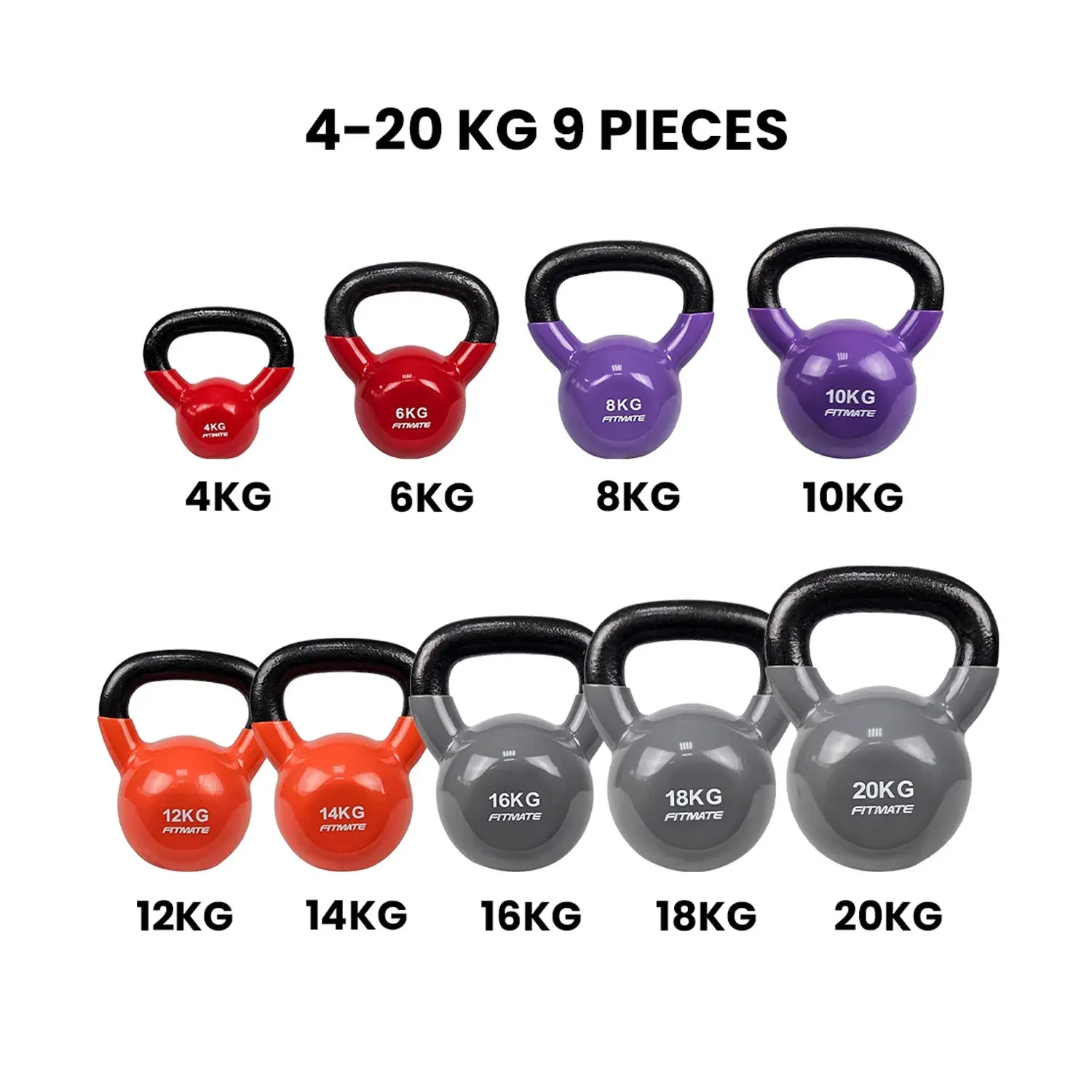 Fitmate Vinyl Kettlebell Set - 9 Pcs | 4 To 20  Kg