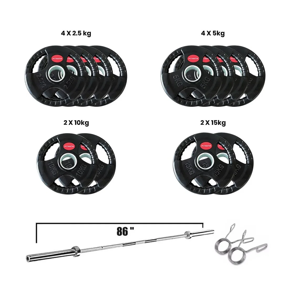 Fitmate Rubber Weight Plate Set With 7ft Olympic Bar - 140  Kg
