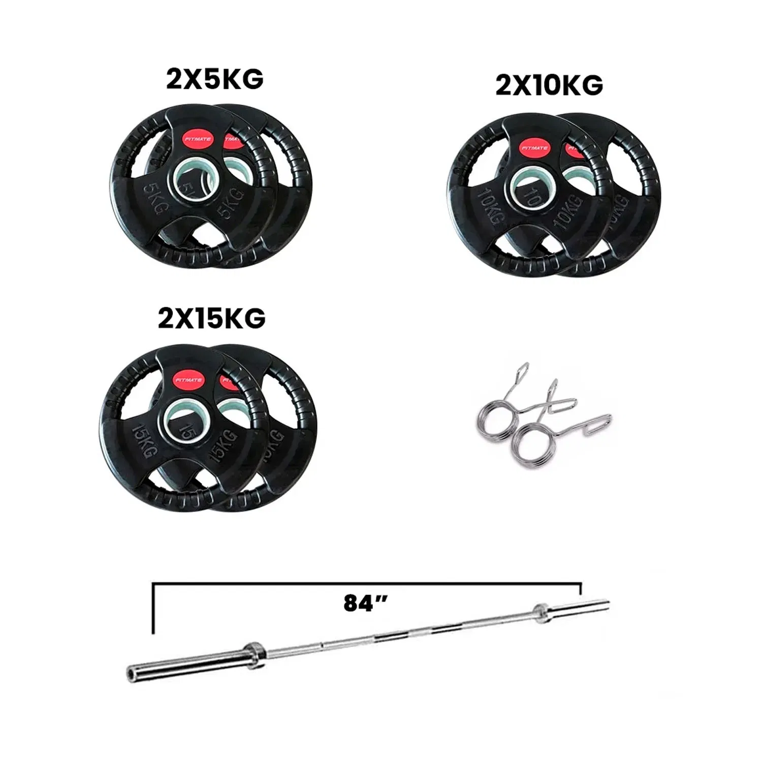 Fitmate Rubber Weight Plate Set With 7ft Olympic Bar - 80 Kg