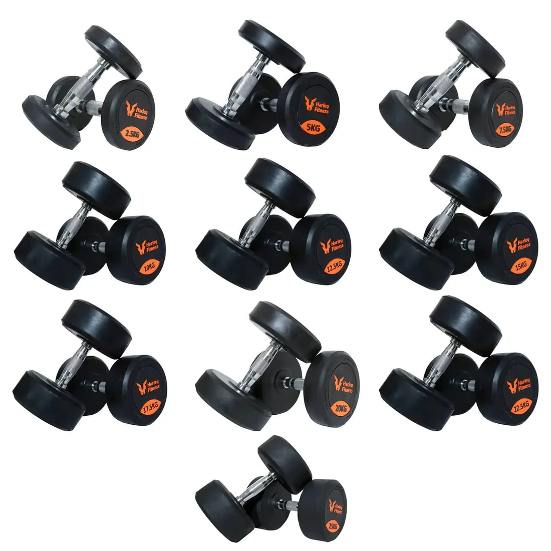 Harley Fitness Premium Rubber Coated Bouncing Round Dumbbells - Pair | 2.5 to 30 Kg
