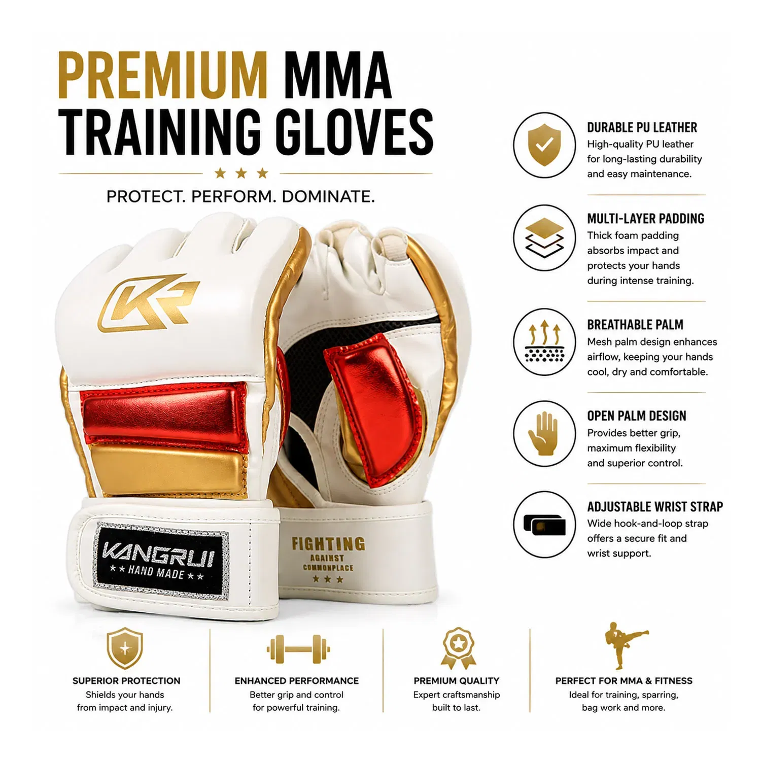 Kangrui MMA Sparring Gloves - White/Gold