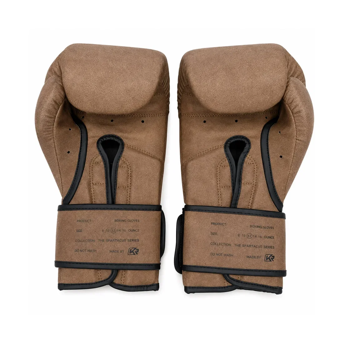 Brown vintage Kangrui boxing gloves showing outer and palm views