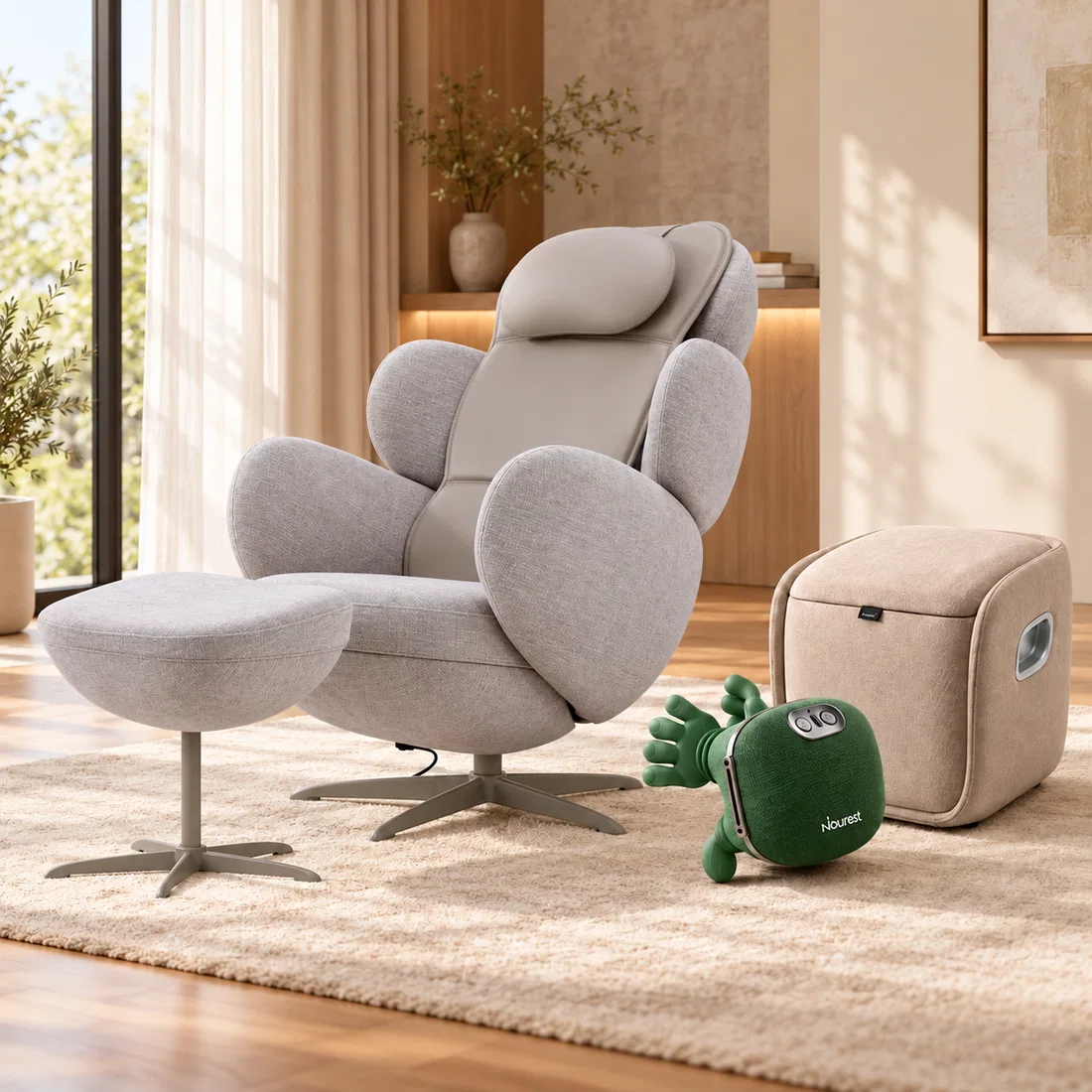 Nourest Orion Pro Automatic Recliner Massage chair + Neck Massager + VibeX Foot & Calf Massager - Cream