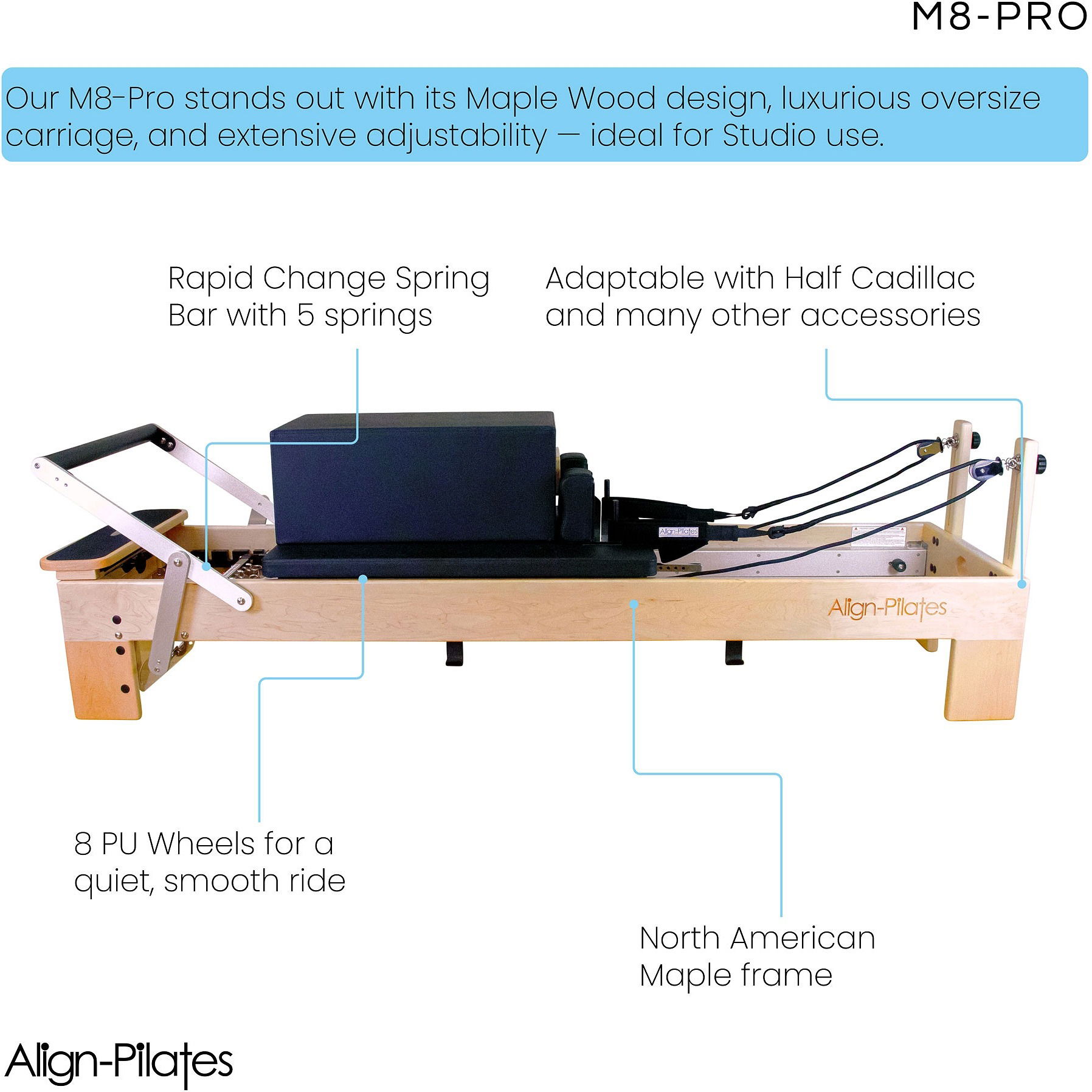 Align Pilates  M8-Pro Maple Wood Pilates with Half Cadillac Reformer Bundle
