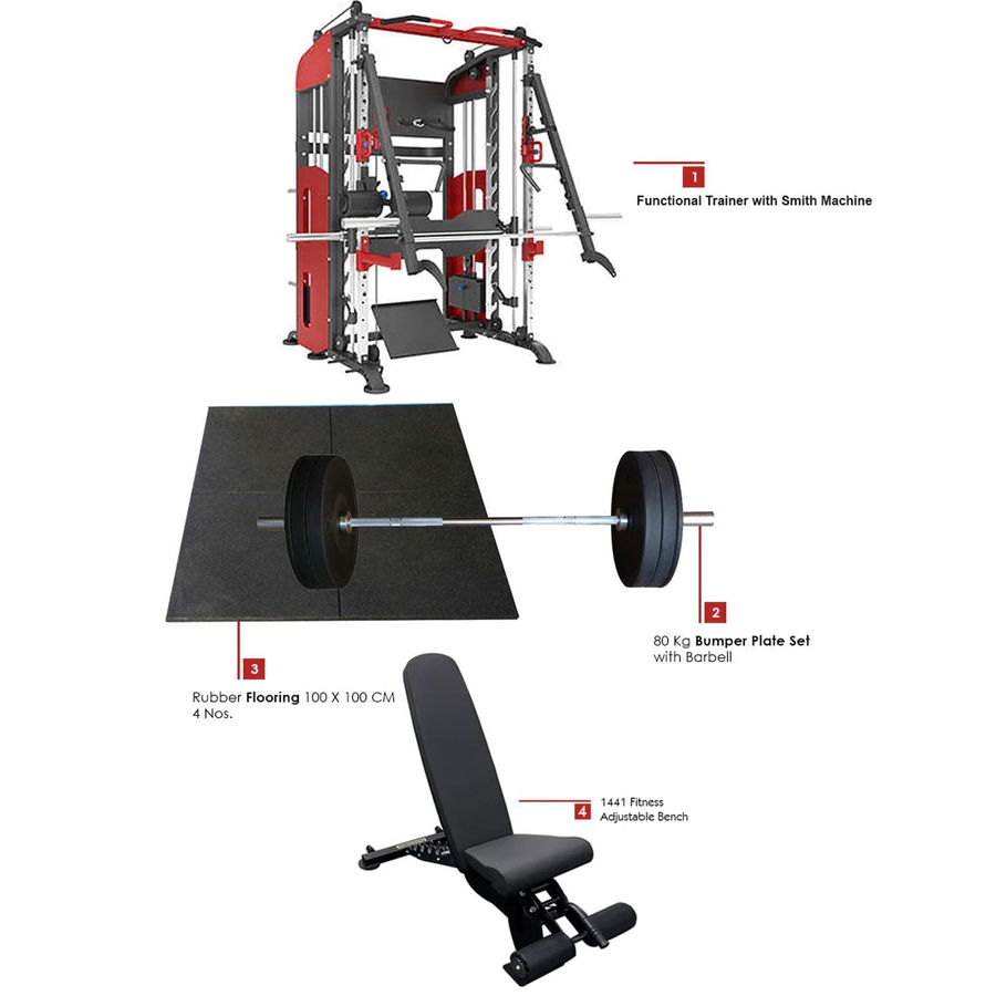 1441 Fitness Functional Trainer With Smith Machine Bench Weights and Flooring Combo Pack