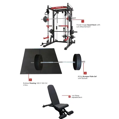 1441 Fitness Smith Machine With Functional Trainer And Squat Rack J009 + 80kg Apus Bumper Plate Set + Adjustable Bench A8007 + Flooring
