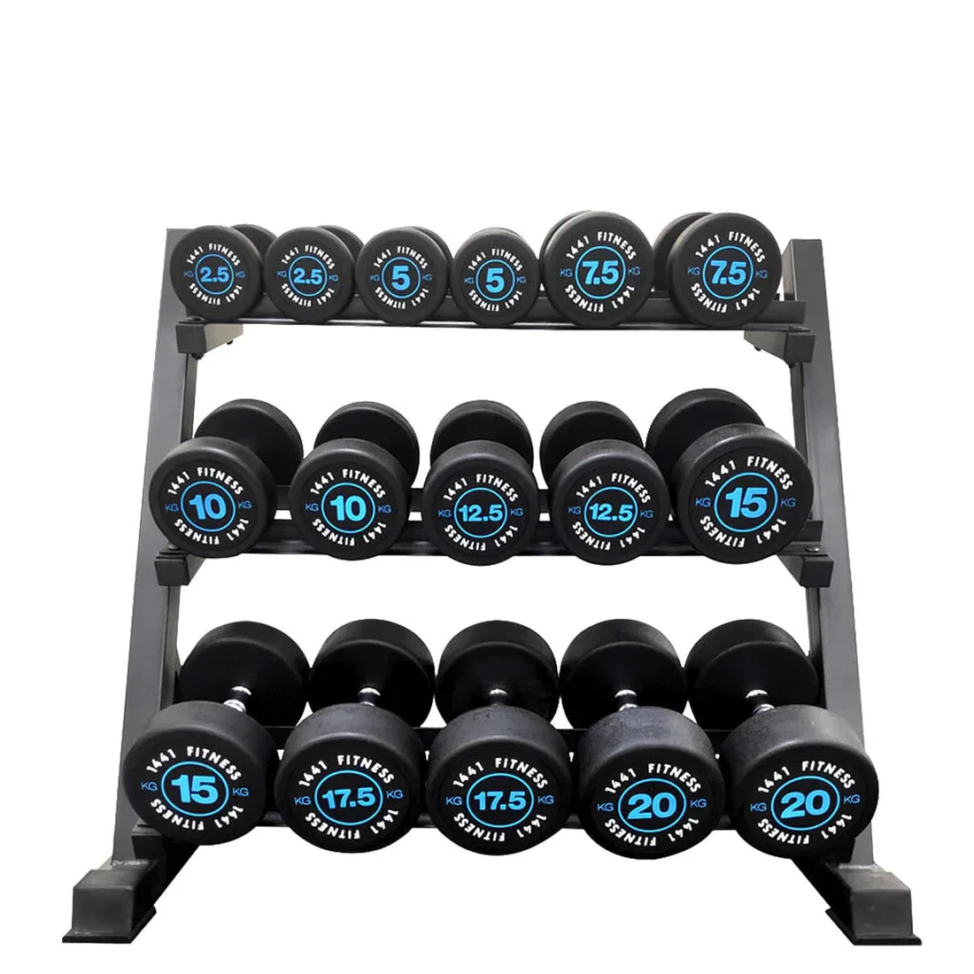1441 Fitness Premium Round Dumbbell Set 2.5 Kg - 20 Kg (8 Pairs) Blue With 3 Tier Rack