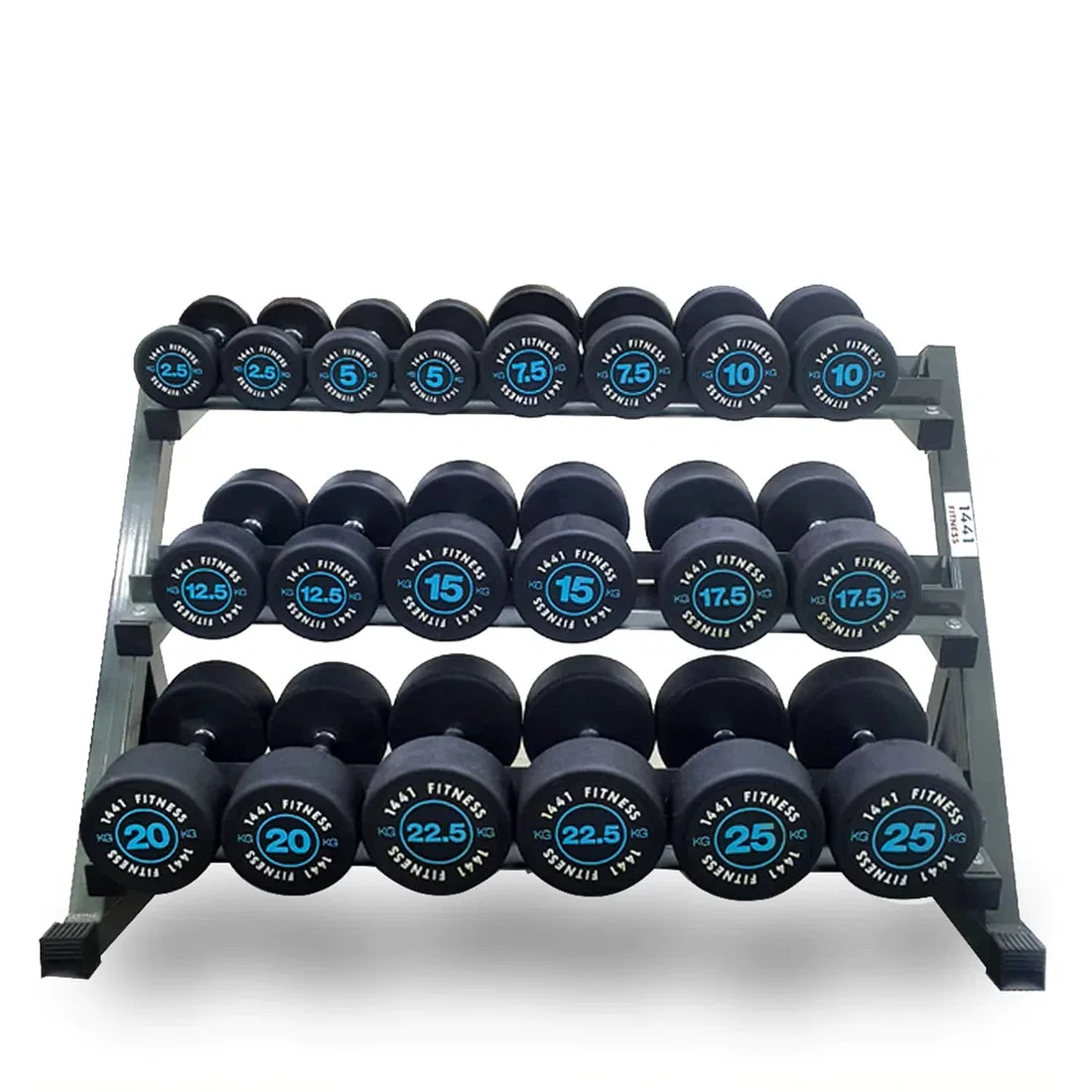 1441 Fitness Round Dumbbell Set 2.5 Kg - 25 Kg (10 Pairs) Blue With 3 Tier Rack