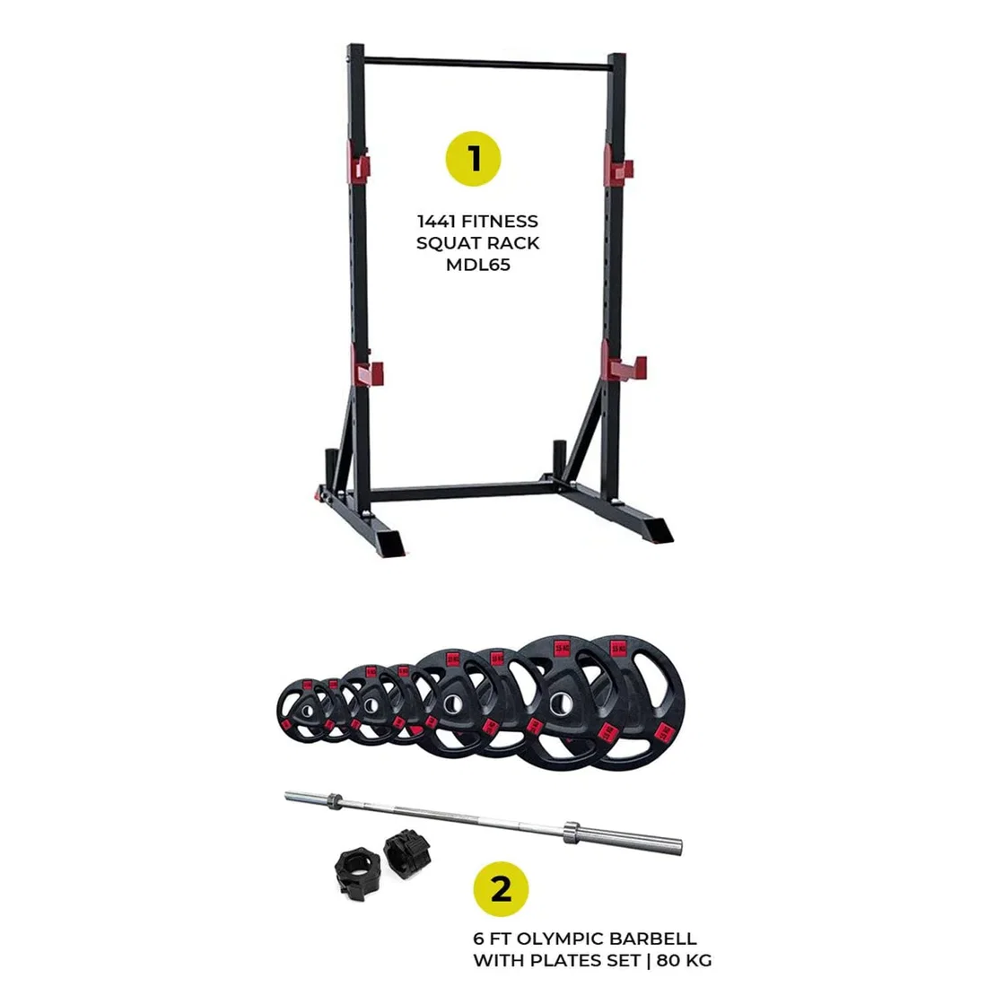 1441 Fitness Squat Rack MDL65 With 7 Ft Bar With 80 Kg Tri Grip Plates Set