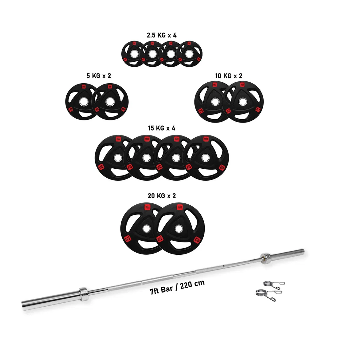 1441 Fitness 7 Ft Olympic Bar With Tri Grip Black Olympic Plates Set