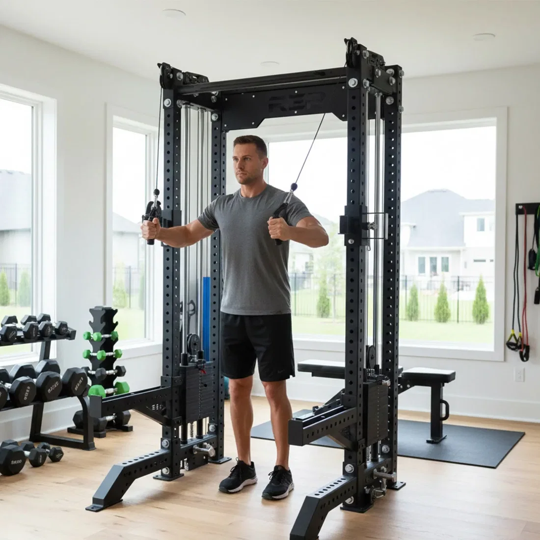 Athlete training with REP Fitness Athena cable system
