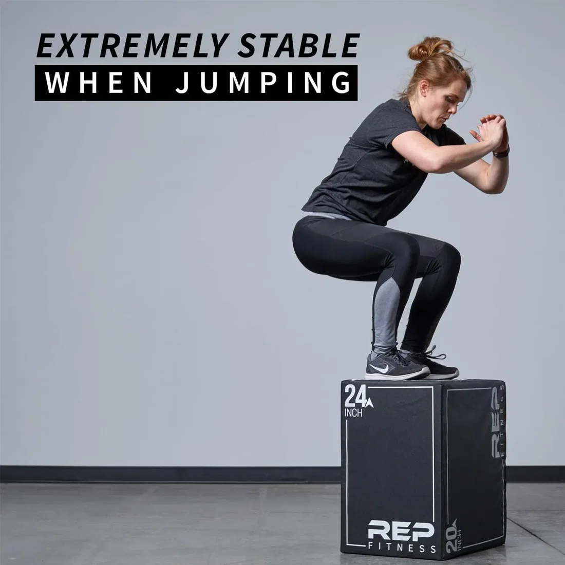 Athlete performing box jump on REP 3-in-1 Soft Plyo Box