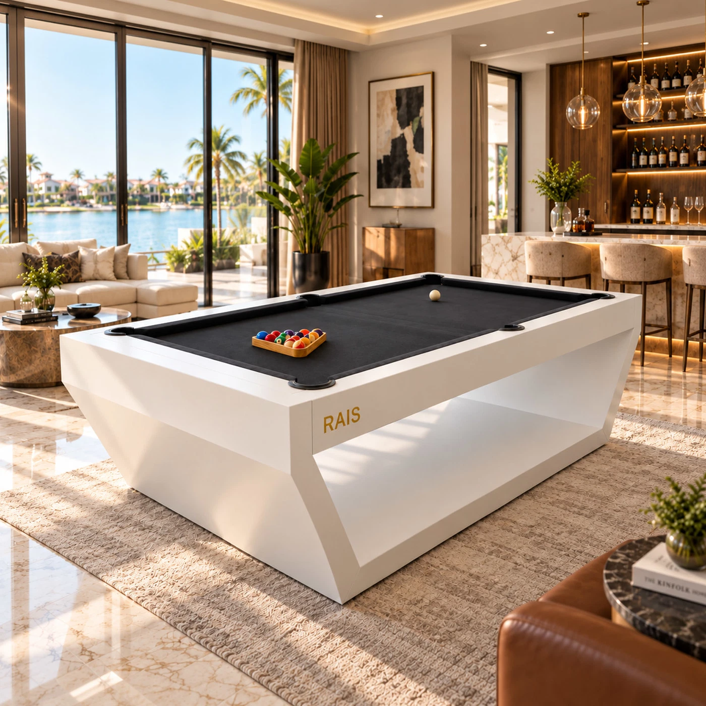 RAIS 9FT Luxury White Billiard Table in premium home interior