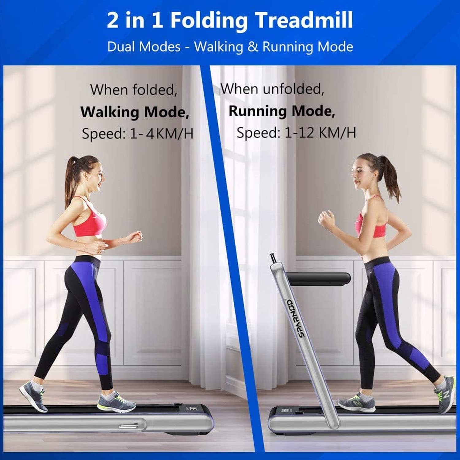 Sparnod Fitness 2 in 1 Foldable Treadmill - 2.25 HP | DC Motor - Grey