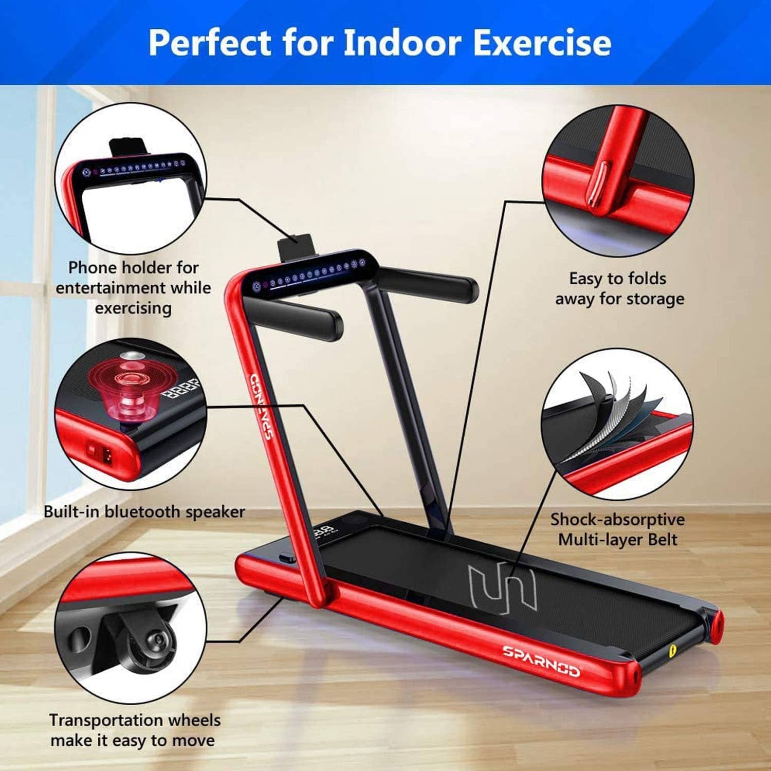 Sparnod Fitness 2 in 1 Foldable Treadmill - 2.25 HP | DC Motor - Red