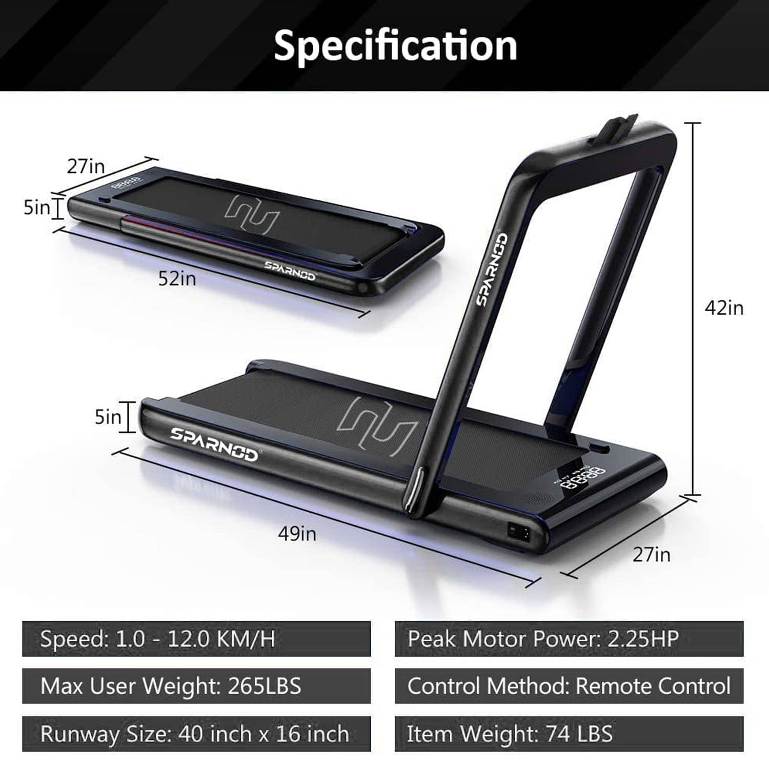 Sparnod Fitness 2 in 1 Foldable Treadmill - 2.25 HP | DC Motor - Black