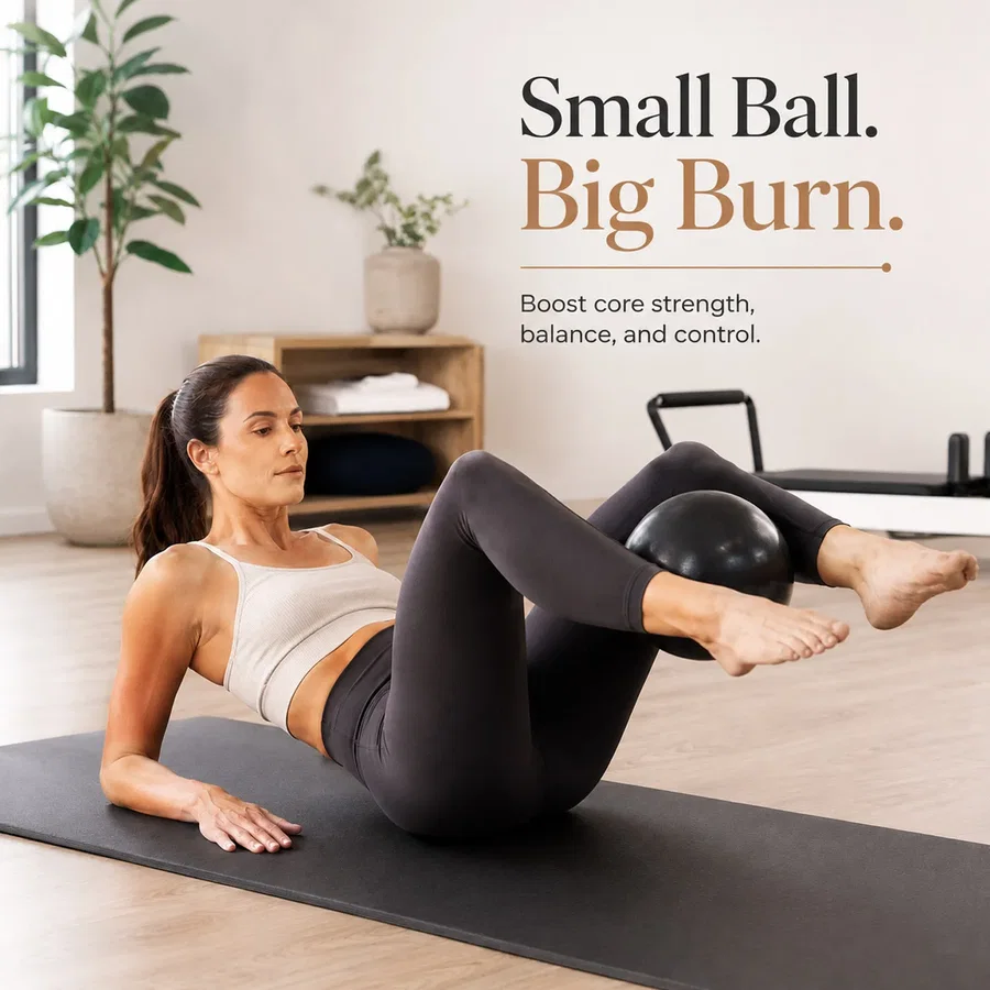 Woman using the Trupada mini Pilates ball during a core exercise