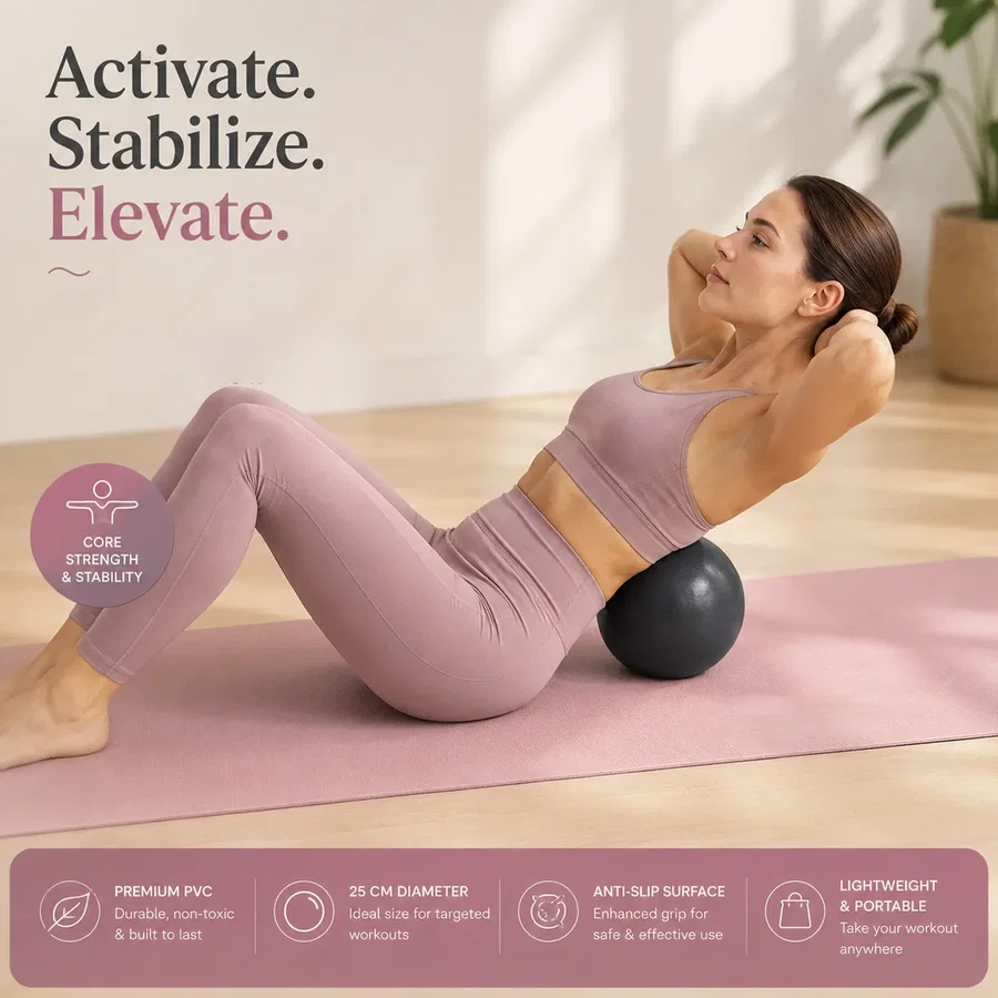 Woman using a mini Pilates ball behind the back during a controlled curl