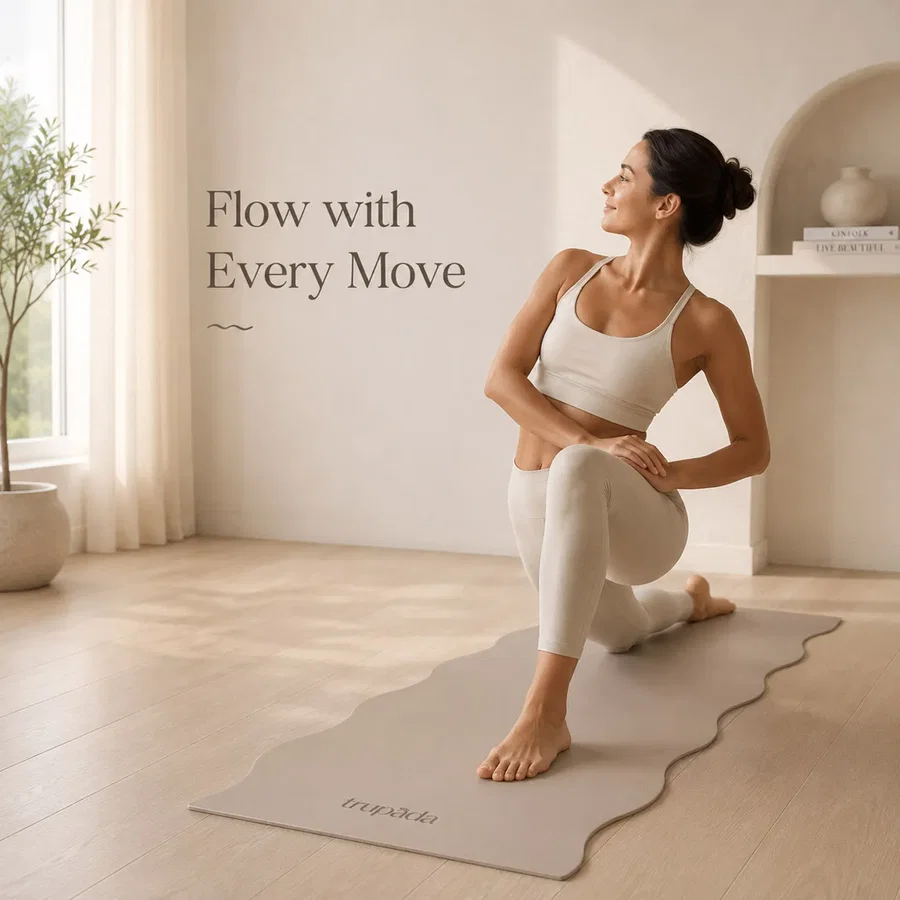 Seated forward stretch on a Mocha Trupada wavy yoga mat