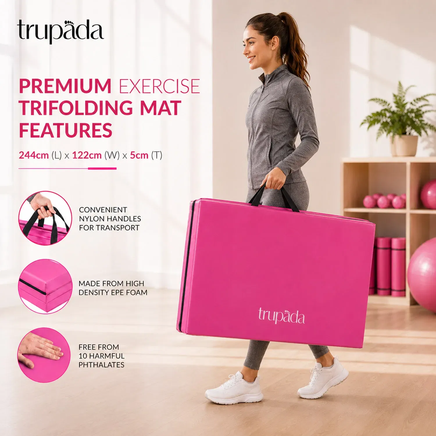 Feature overview of the Trupada tri-fold exercise mat