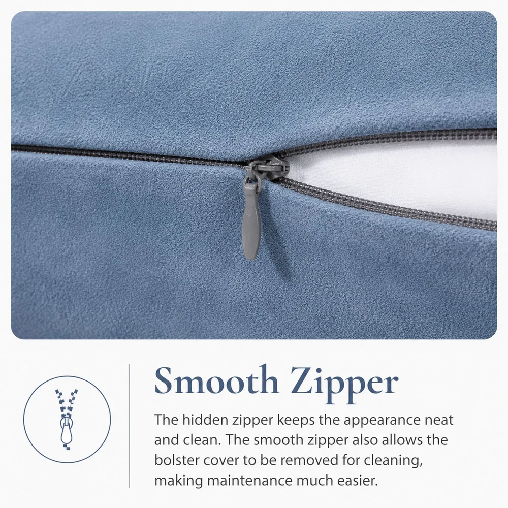 Close-up of the concealed zipper on the removable suede bolster cover