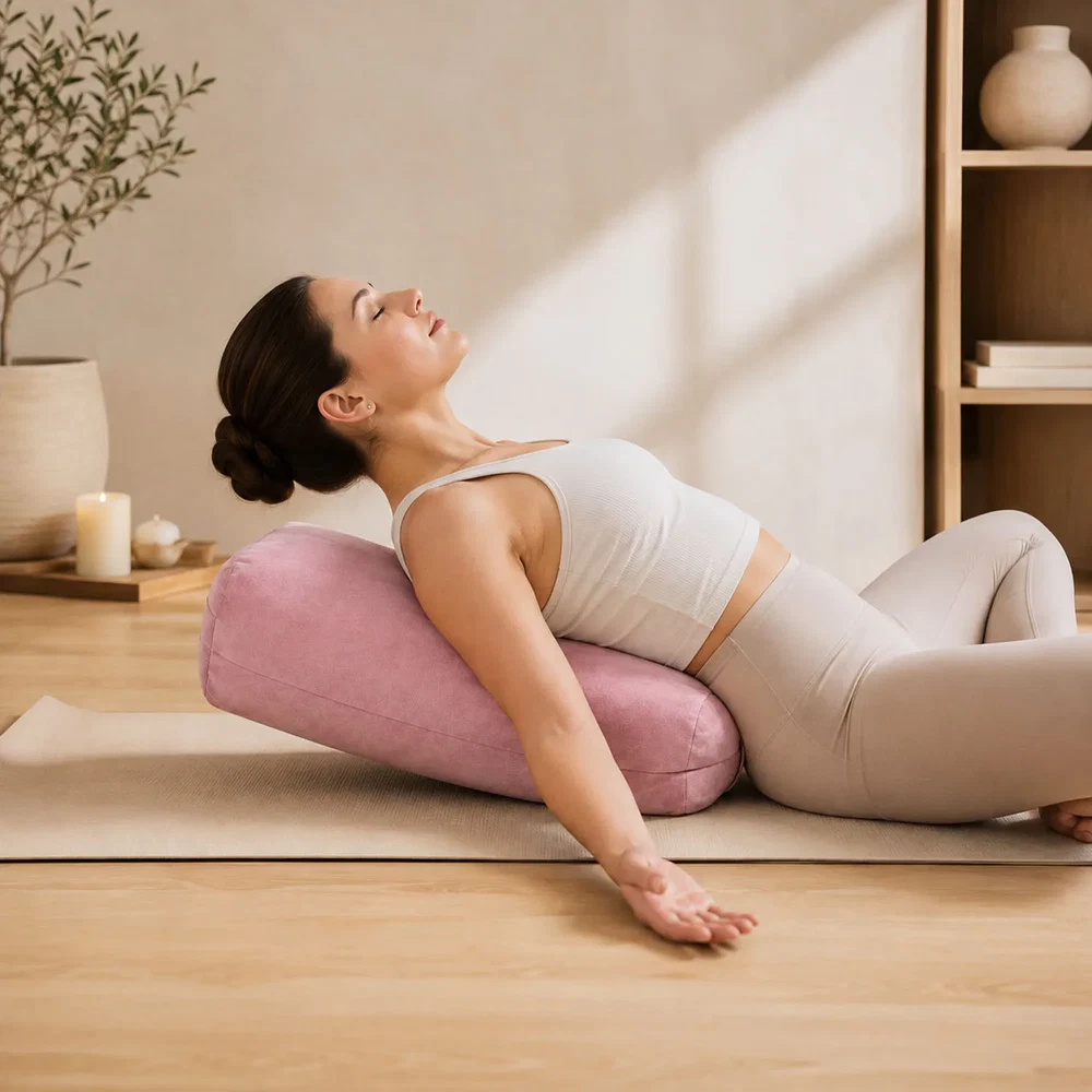 Woman resting with her back supported by the pink Trupada yoga bolster