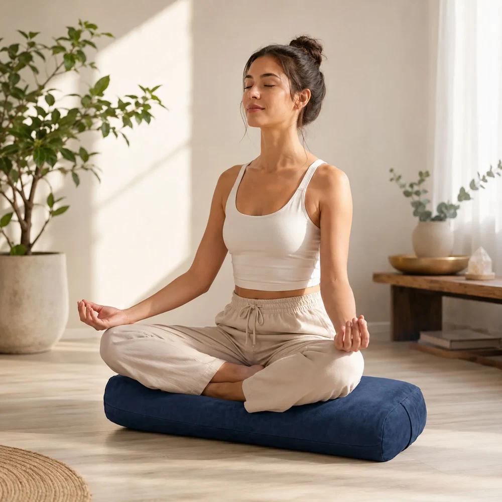 Woman meditating while seated on a dark blue Trupada yoga bolster