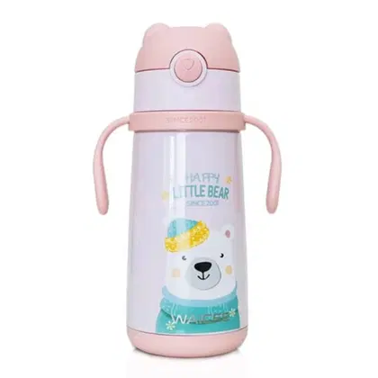 WAICEE Happy Little Bear Kids Water Bottle with Straw - Blue - 400 ml