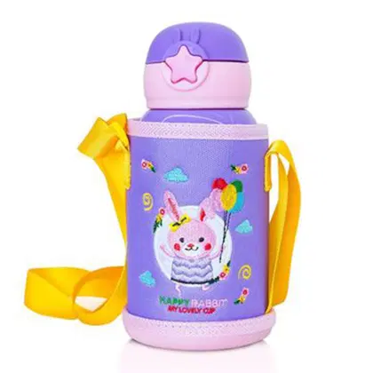 WAICEE Kids Water Bottle with Straw and Outer Bag - Purple - 600ml