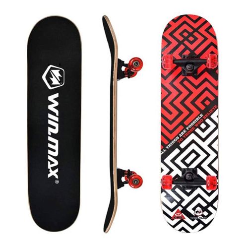 Winmax Skateboard, Beginners and Adults, 9 Ply Double Deck, 50 x 36 mm PU Wheel-Maze Red