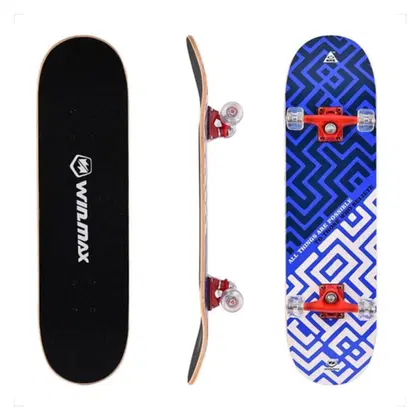 Win.Max Skateboard, Beginners and Adults, 9 Ply Double Deck, 50 x 36 mm PU Wheel - Maze Blue