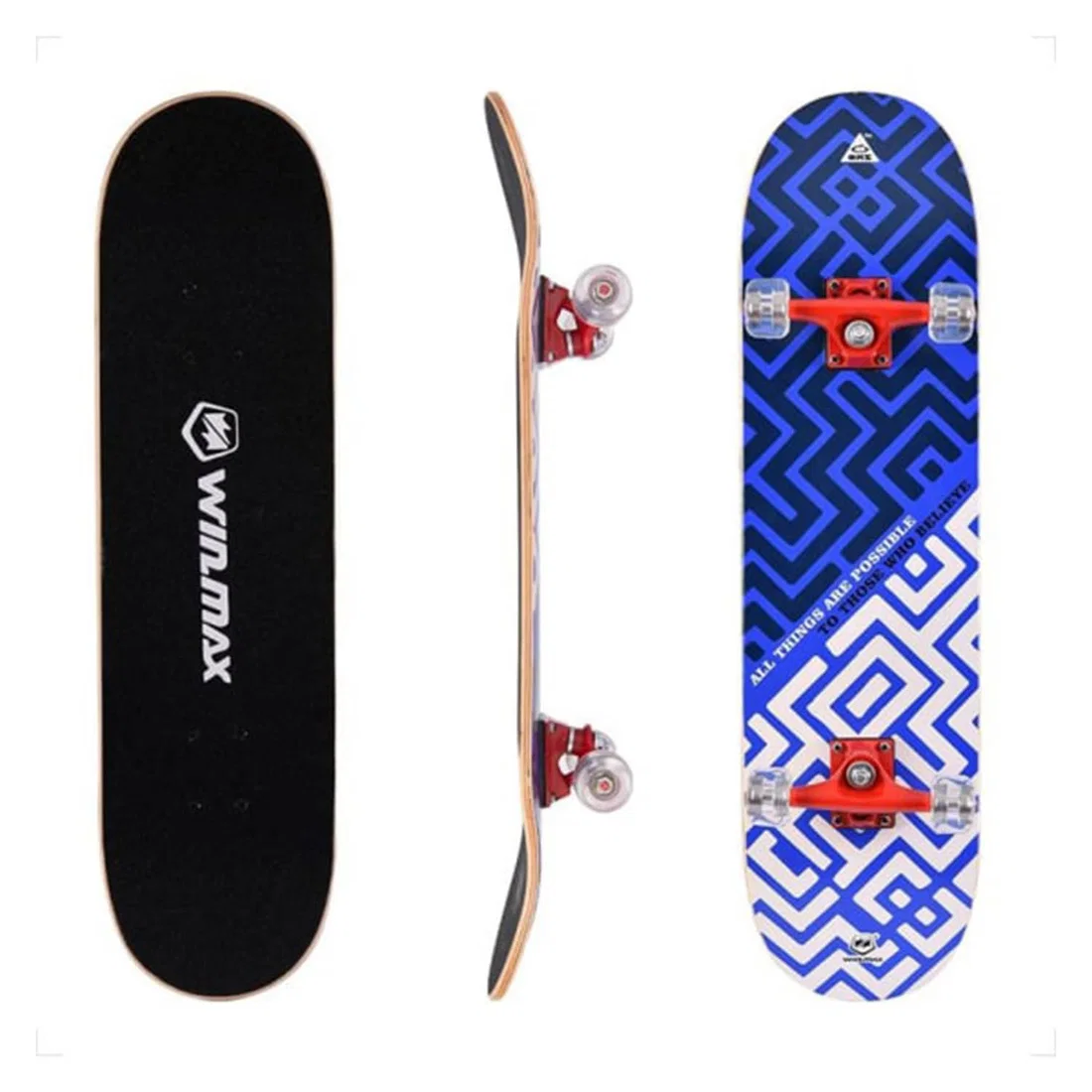 Win.Max Skateboard, Beginners and Adults, 9 Ply Double Deck, 50 x 36 mm PU Wheel - Maze Blue