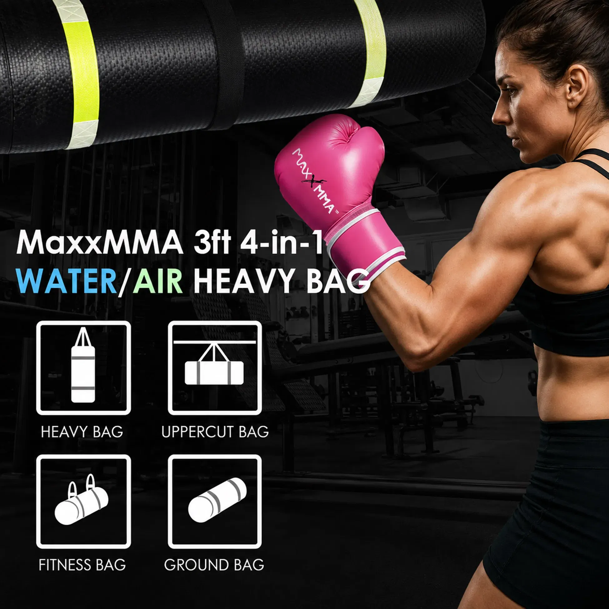 MaxxMMA 3ft Training & Fitness Heavy Bag - Black-Pink